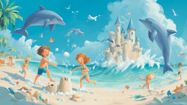 Kids Wallpaper HD Free Download, A Sunny Beach With Playful Dolphins And Children Building Sandcastles, Creating A Sense Of Summer Fun