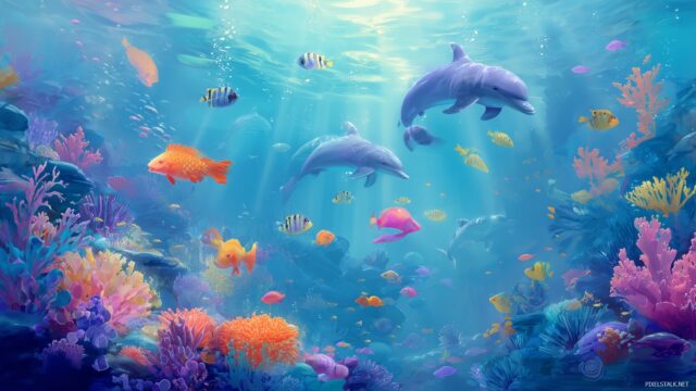 Kids Wallpaper For Mac, A Delightful Underwater Scene With Colorful Fish And Playful Dolphins, Perfect For Children Desktops