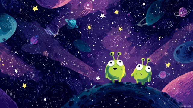 Kids Wide Screen Desktop Wallpaper, An Adventurous Space Scene With Cute Aliens And Sparkling Stars, Inspiring Imagination For A Child Desktop