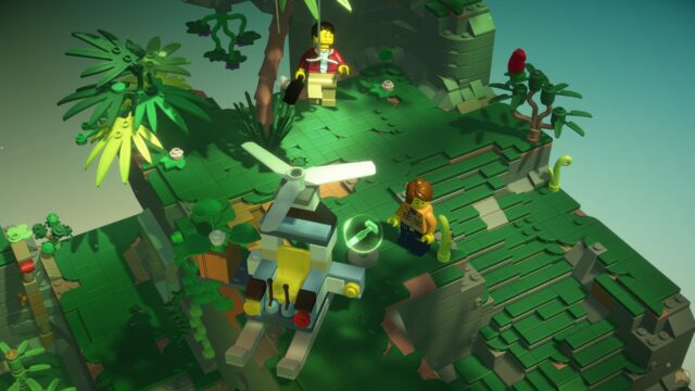 LEGO Adventure Puzzle Game Wallpaper with Helicopter and Characters in Jungle Scene