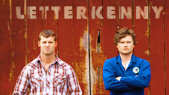Letterkenny TV Series Wallpaper Featuring Main Characters Standing By Rustic Red Barn