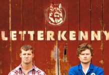 Letterkenny TV Series Wallpaper Featuring Main Characters In Front Of Rustic Barn Background