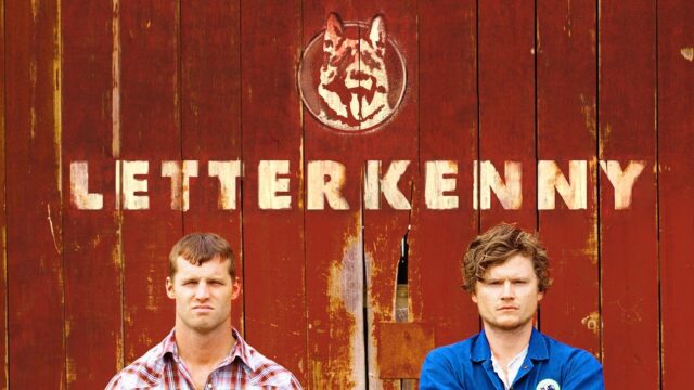Letterkenny TV Series Wallpaper Featuring Main Characters In Front Of Rustic Barn Background