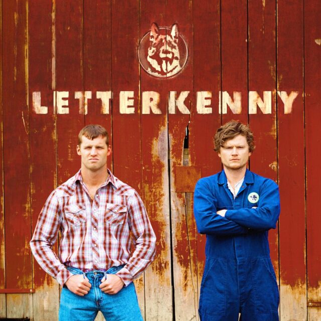 Letterkenny TV Series Wallpaper Featuring Main Characters In Front Of Rustic Red Barn