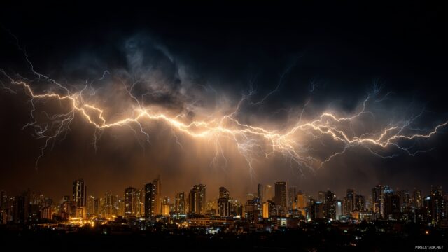 Lightning HD Background For HD Devices, A Surreal Composition Of Lightning Dancing Above A City Skyline, Illuminating The Buildings