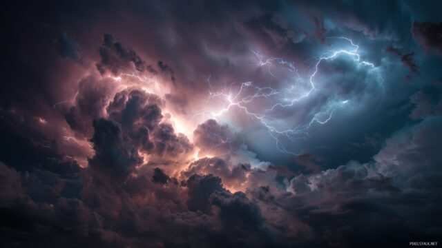 Lightning HD Wallpaper Backgrounds For PC, A Dramatic Night Sky Filled With Intricate Lightning Patterns, Surrounded By Ominous Clouds