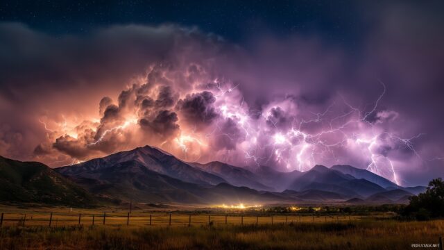 Lightning HD Wallpaper High Resolution, A Breathtaking Landscape Featuring A Mountain Range Under A Dazzling Storm With Multiple Lightning Strikes