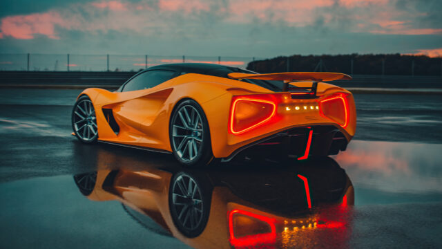 Lotus Evija Wallpapers Stunning Orange Electric Hypercar Rear View Reflection