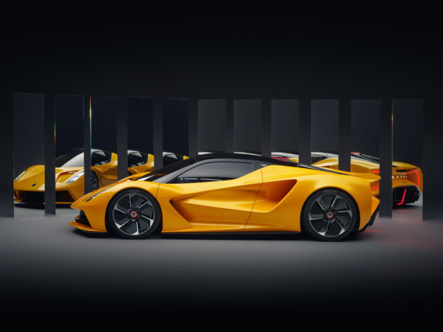 Lotus Evija Yellow Hypercar Stunning Profile Reflected In Mirrors Wallpaper