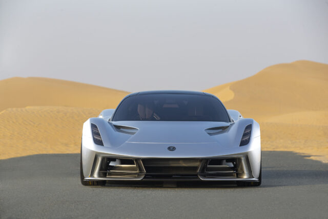Lotus Evija Electric Hypercar Front View On Desert Road High Resolution Wallpapers