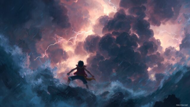 Luffy One Piece Wallpaper HD 4K, An Epic Battle Scene Featuring Luffy With His Iconic Attacks, Set Against A Dramatic Stormy Sky