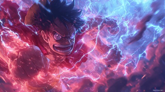 Luffy One Piece Wallpaper HD 4K, Showcasing Luffy Using Gear Fourth Against A Fierce Enemy, With Vibrant Energy Effects