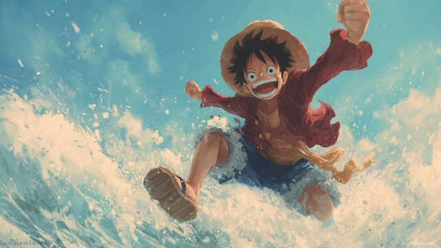 Luffy One Piece Wallpaper HD Download, An Action Shot Of Luffy Leaping Into Battle With His Trademark Grin, Set Against An Ocean Backdrop