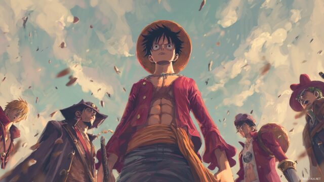 Luffy One Piece Wallpaper HD Download, Luffy Standing Confidently With His Crew In An Epic Pose, Showcasing Their Unique Personalities