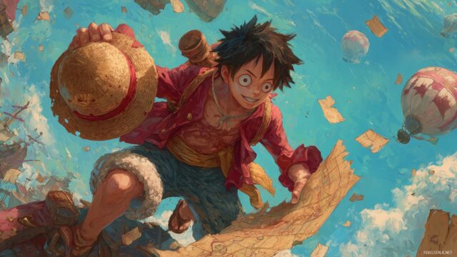 Luffy One Piece Wallpaper HD Download, A Whimsical Artistic Rendition Of Luffy Sailing The Seas With A Treasure Map In Hand