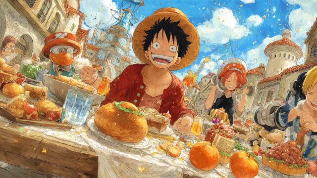 Luffy One Piece Wallpaper HD For Desktop, A Joyful Celebration Scene With Luffy Enjoying A Feast With His Friends On The Thousand Sunny
