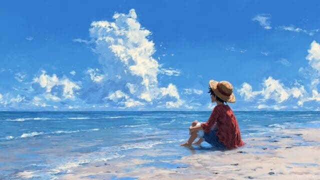 Luffy One Piece Wallpaper HD For Desktop, A Serene Scene Of Luffy Sitting On A Beach, Gazing At The Horizon With A Sense Of Adventure
