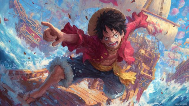 Luffy One Piece Wallpaper HD For Desktop, A Vibrant Illustration Of Luffy In Action On A Grand Pirate Ship, Surrounded By A Dynamic Sea Backdrop