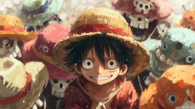 Luffy One Piece Wallpaper HD For Desktop, A Charming Scene Of Luffy Wearing Various Pirate Hats, Showcasing His Playful Side