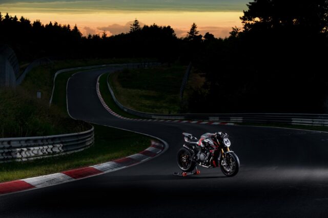 MV Agusta Brutale 1000 Motorcycle on Curved Race Track at Sunset Wallpaper