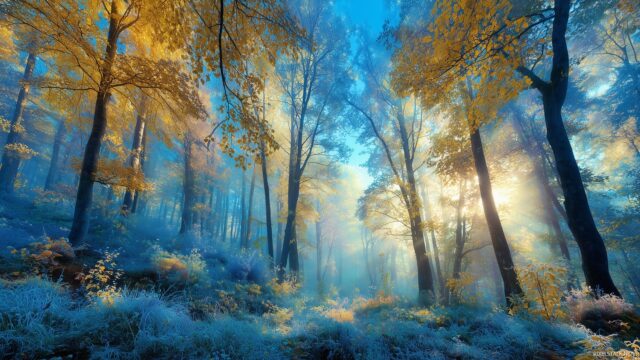 Mac OS X Background HD, A Vibrant Forest Scene At Dawn, Bathed In Soft Morning Light With Dew Covered Leaves And A Bright Blue Sky