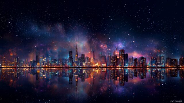 Mac OS X Background HD, An Artistic View Of A City Skyline At Night, Illuminated By Colorful Lights With A Clear Starry Sky Above