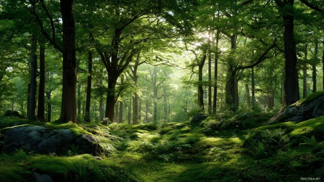 Mac OS X Background HD Forest, A Lush Green Canopy With Sunlight Filtering Through The Leaves, Creating Dappled Patterns On The Forest Floor