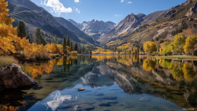 Mac OS X Background HD Nature, A Panoramic View Of A Tranquil Lake Surrounded By Mountains In The Autumn, Showcasing Rich Fall Foliage