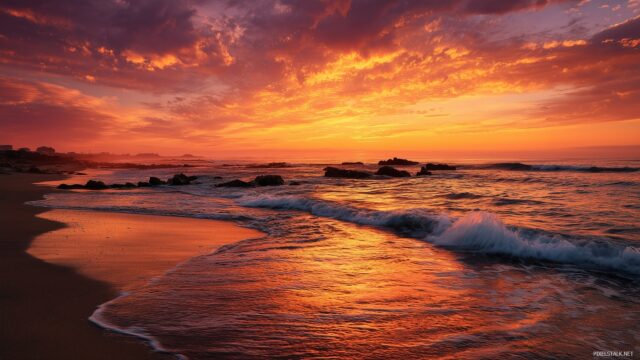 Mac OS X Background HD Sunset, A Romantic Seaside Scene With Waves Gently Lapping At The Shore Under Glowing, Fiery Skies