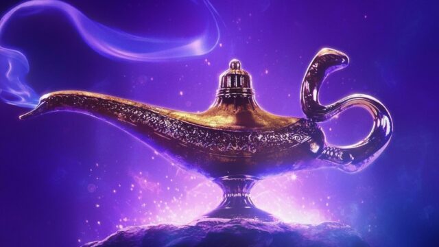 Magical Aladdin Cartoon Wallpaper Featuring the Enchanted Genie Lamp on Purple Glow Background