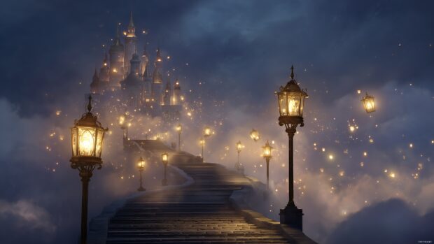 Magical Disney Castle Backgrounds, a captivating background of an ethereal castle enveloped in mist, glowing lanterns illuminating the path.