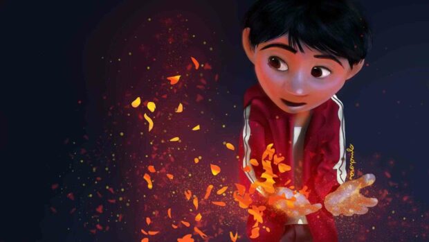 A cartoon boy in a red jacket watching glowing embers float from his hands in a dark setting with sparkles, HD Desktop Wallpaper