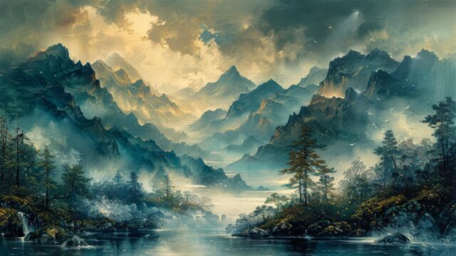 Majestic Mountain Landscape with Misty Forests and Serene Lake Nature Artwork Wallpapers