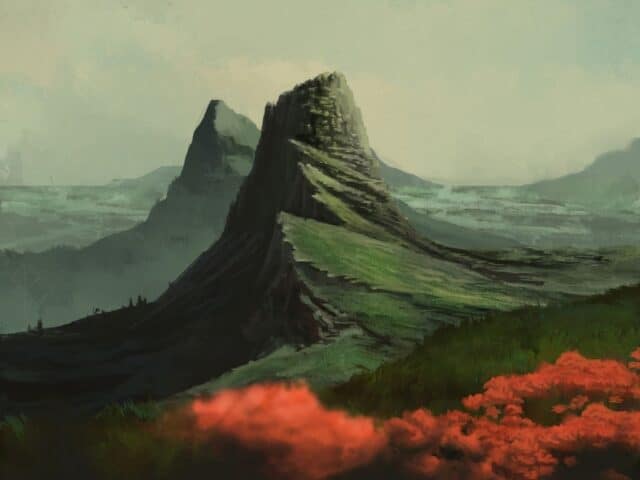 Majestic Mountain Landscape with Red Flowers Nature Artwork Wallpaper