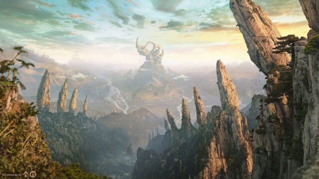 Majestic Nature Artwork Wallpapers Featuring Towering Rock Formations and Misty Mountain Landscape