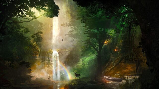 Majestic Waterfall and Rainbow in Enchanted Forest Nature Artwork Wallpaper