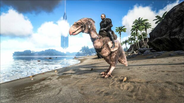 A man rides a large dinosaur along a sandy beach in Ark Survival Evolved, HD Desktop Wallpaper