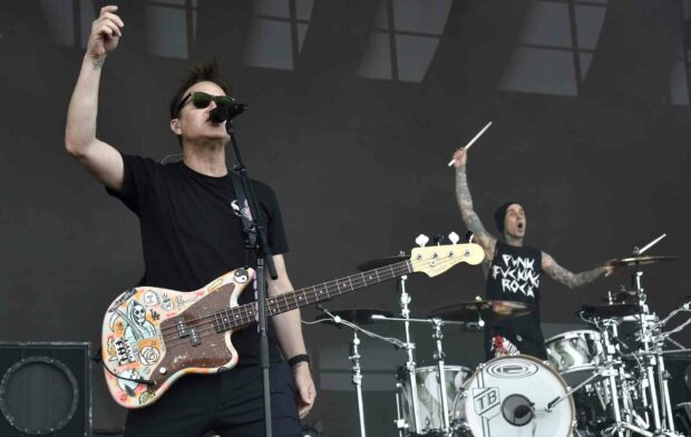 Mark Hoppus performing live on stage with a bass guitar during a concert, HD Desktop Wallpaper