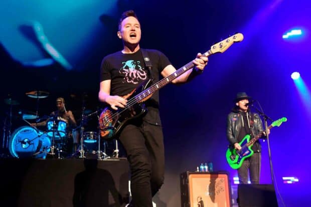 Mark Hoppus is performing live with his bass guitar during a concert, HD Desktop Wallpaper