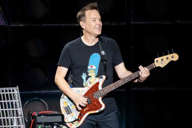 Mark Hoppus is playing a decorated bass guitar while smiling during a live performance, HD Desktop Wallpaper