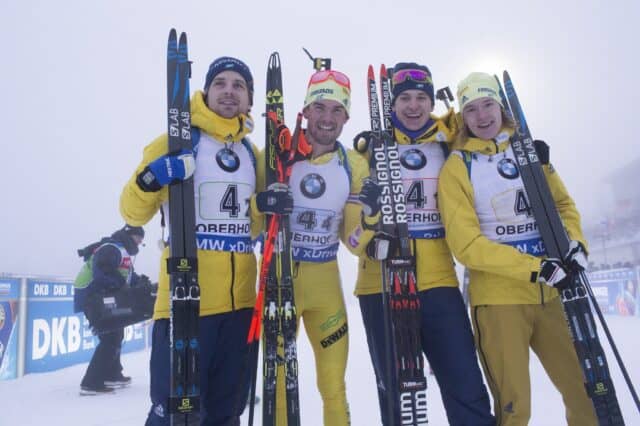 Martin Ponsiluoma Celebrates With Team In Winter Sports Event