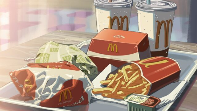McDonalds Wallpapers Animated Style Meal with Fries Burgers and Drinks on Tray