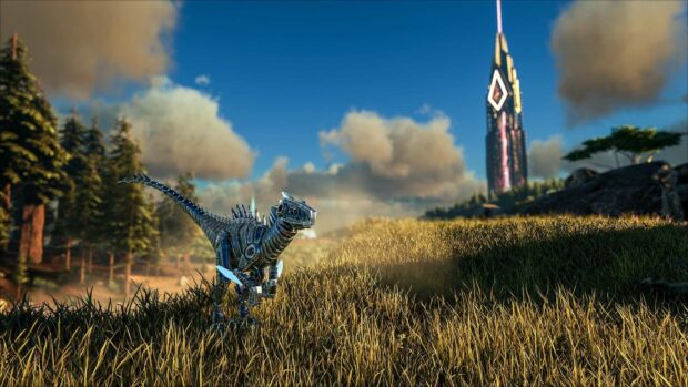 A mechanical dinosaur stands in a grassy field near a futuristic tower under a cloud filled blue sky in Ark Survival Evolved Wallpapers
