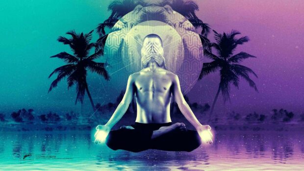 A person is meditating in a yoga pose with hands glowing and eyes covered, surrounded by palm trees and cosmic patterns, 2K Desktop Wallpaper