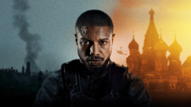 Michael B Jordan Intense Military Portrait with Cityscape Background Wallpaper