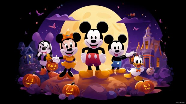 Mickey Halloween Desktop Backgrounds, a playful illustration with Mickey Mouse and friends celebrating Halloween night under a full moon.