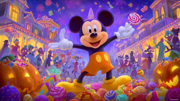 Mickey Halloween Festivity, an exciting illustration of Mickey celebrating Halloween with candy and costumes, surrounded by festive lights.