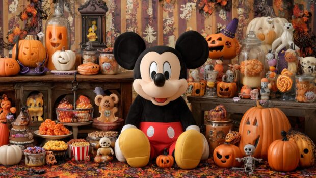 Mickey Halloween Fun, a charming backdrop featuring Mickey Mouse surrounded by a variety of Halloween treats and decorations.