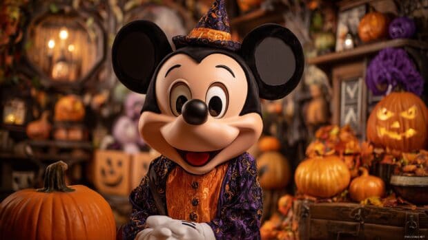 Mickey Halloween Wallpapers HD for PC, a vibrant and colorful scene featuring Mickey Mouse dressed in a Halloween costume, surrounded by pumpkins and spooky decorations.