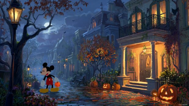 Mickey Halloween Wallpapers for Desktop, a night scene where Mickey Mouse is trick or treating in a neighborhood decorated for Halloween.